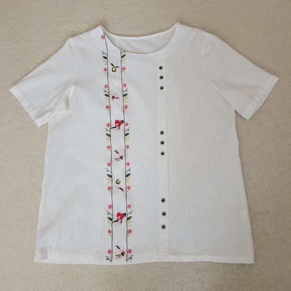 Size 2X Cotton Blend Embroidered White Textured Pullover Short Sleeve Top Blouse - Picture 2 of 15